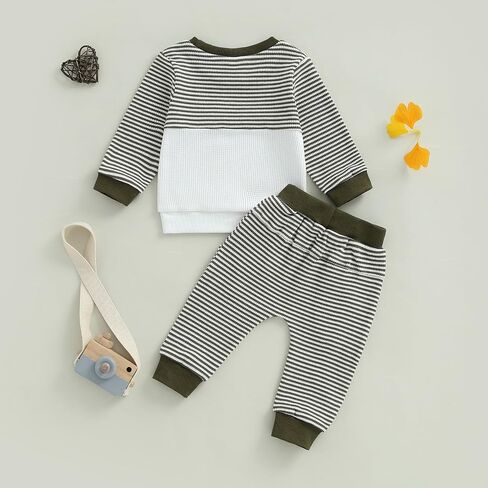 Toddler Boy Fall Winter Outfit Pocket Waffle Striped Long Sleeve Pullover & Elastic Waist Pants Set For Infant in Kuwait