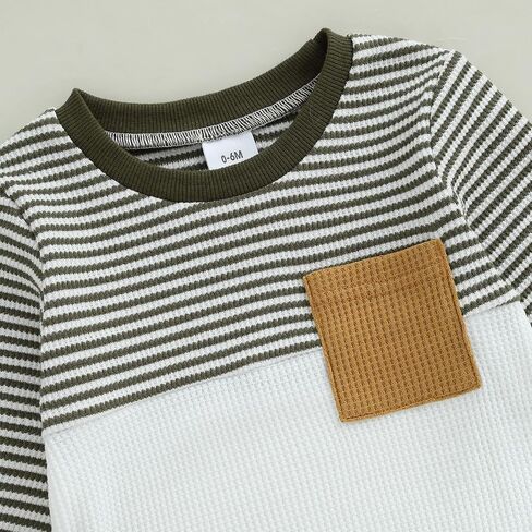 Toddler Boy Fall Winter Outfit Pocket Waffle Striped Long Sleeve Pullover & Elastic Waist Pants Set For Infant in Kuwait