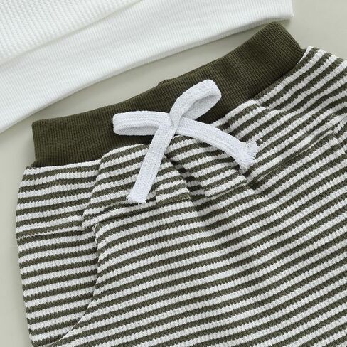 Toddler Boy Fall Winter Outfit Pocket Waffle Striped Long Sleeve Pullover & Elastic Waist Pants Set For Infant in Kuwait