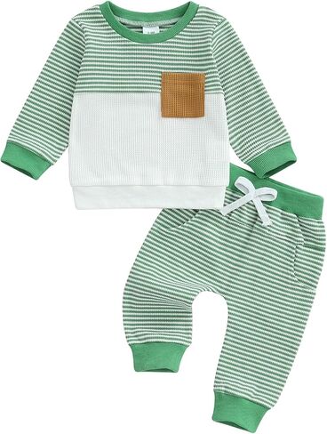 Toddler Boy Fall Winter Outfit Pocket Waffle Striped Long Sleeve Pullover & Elastic Waist Pants Set For Infant in Kuwait