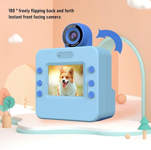طباعة كاميرا للأطفال ، 1080p 24mp HD 2.4 بوصة شاشة كاميرات حرارية مع عدسة 180 درجة ، وضوء الفلاش ووظيفة صورة شخصية ، ألعاب طفل محمولة للفتيات الفتيات (الأزرق) in Kuwait