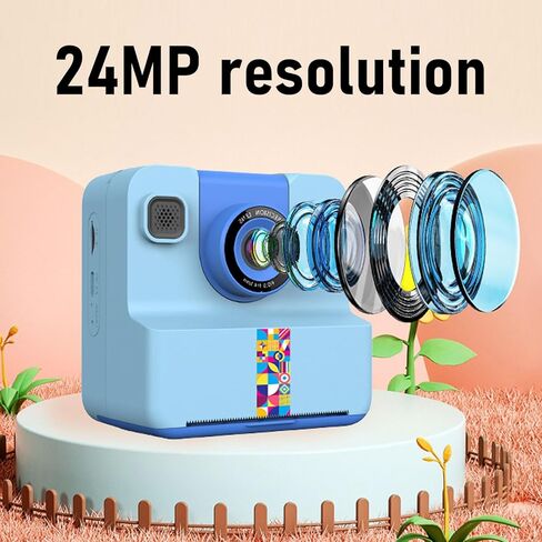 طباعة كاميرا للأطفال ، 1080p 24mp HD 2.4 بوصة شاشة كاميرات حرارية مع عدسة 180 درجة ، وضوء الفلاش ووظيفة صورة شخصية ، ألعاب طفل محمولة للفتيات الفتيات (الأزرق) in Kuwait