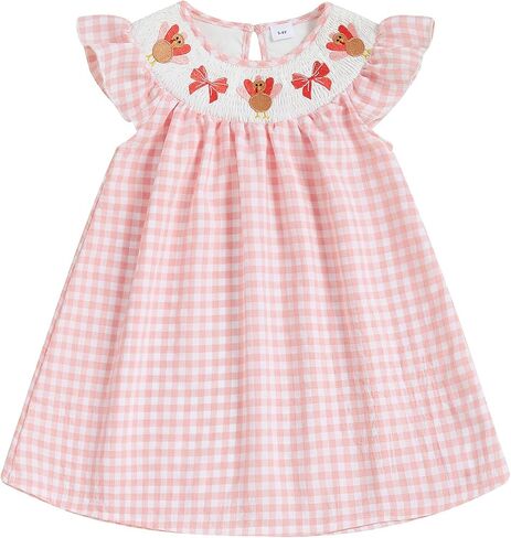 Toddler Baby Girl Smocked Dress Turkey Bow Embroidery Plaid Print Flutter Sleeve Dresses Kids Thanksgiving Outfit in Kuwait