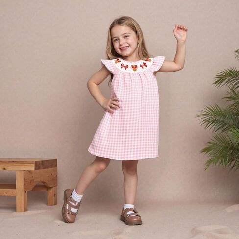 Toddler Baby Girl Smocked Dress Turkey Bow Embroidery Plaid Print Flutter Sleeve Dresses Kids Thanksgiving Outfit in Kuwait