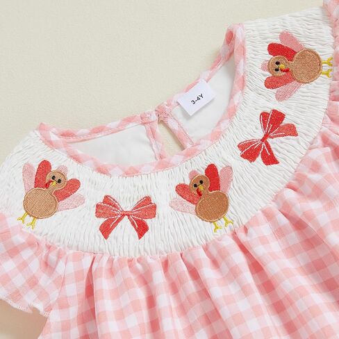 Toddler Baby Girl Smocked Dress Turkey Bow Embroidery Plaid Print Flutter Sleeve Dresses Kids Thanksgiving Outfit in Kuwait