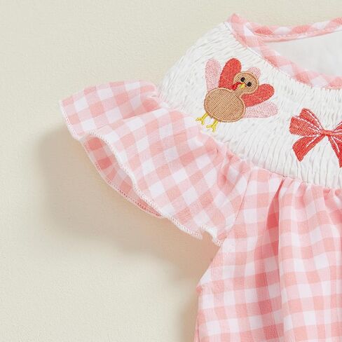 Toddler Baby Girl Smocked Dress Turkey Bow Embroidery Plaid Print Flutter Sleeve Dresses Kids Thanksgiving Outfit in Kuwait