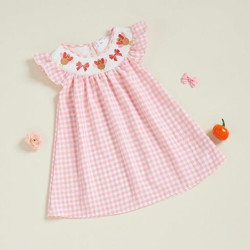 Toddler Baby Girl Smocked Dress Turkey Bow Embroidery Plaid Print Flutter Sleeve Dresses Kids Thanksgiving Outfit in Kuwait
