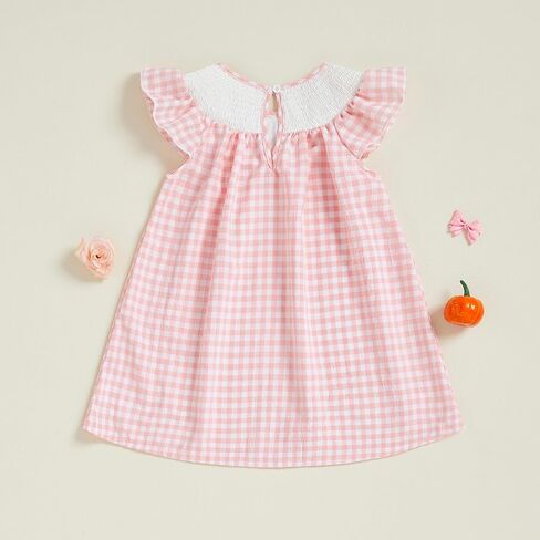 Toddler Baby Girl Smocked Dress Turkey Bow Embroidery Plaid Print Flutter Sleeve Dresses Kids Thanksgiving Outfit in Kuwait