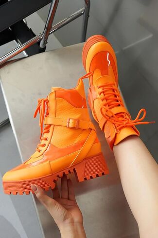 Cape Robbin Women's Hot Rod Chunky Combat Boots - Lace-Up High Top Ankle Booties, Chunky Heel Boots - Orange 7 in Kuwait