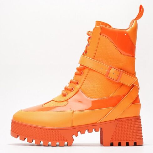 Cape Robbin Women's Hot Rod Chunky Combat Boots - Lace-Up High Top Ankle Booties, Chunky Heel Boots - Orange 7 in Kuwait