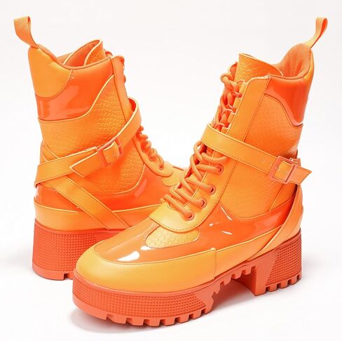 Cape Robbin Women's Hot Rod Chunky Combat Boots - Lace-Up High Top Ankle Booties, Chunky Heel Boots - Orange 7 in Kuwait