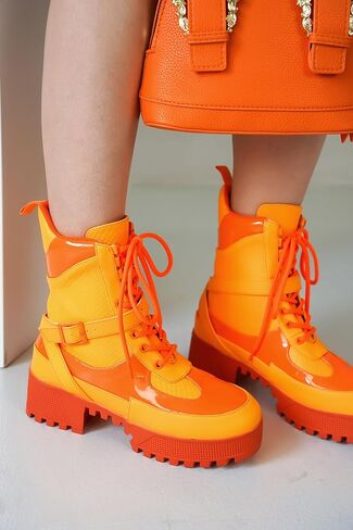 Cape Robbin Women's Hot Rod Chunky Combat Boots - Lace-Up High Top Ankle Booties, Chunky Heel Boots - Orange 7 in Kuwait