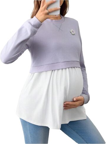 MakeMeChic Women's Maternity Blouse 3D Floral Crew Neck Long Sleeve Pregnancy Nursing Tops in Saudi Arabia