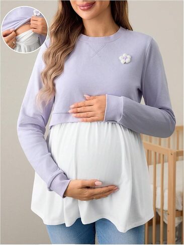 MakeMeChic Women's Maternity Blouse 3D Floral Crew Neck Long Sleeve Pregnancy Nursing Tops in Saudi Arabia