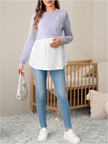 MakeMeChic Women's Maternity Blouse 3D Floral Crew Neck Long Sleeve Pregnancy Nursing Tops in Saudi Arabia