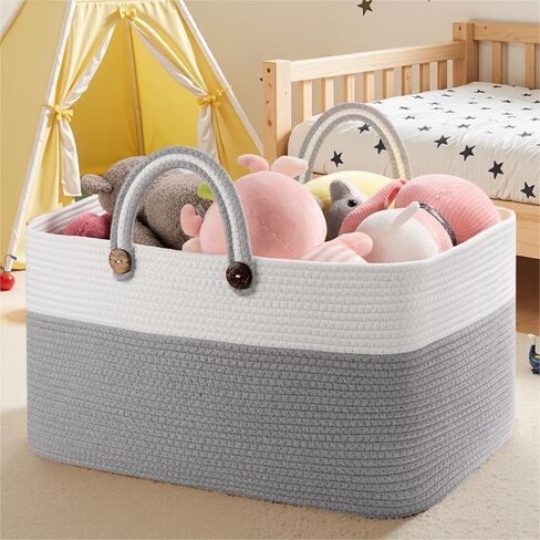 OIAHOMY 95L Large Blanket Basket, 24"x16"x15" Rectangle Woven Baskets For Storage, Nursery Blanket Storage Living Room, Toy Box With Long Handle-Gradient Brown With White in Kuwait