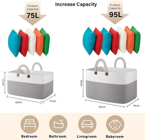 OIAHOMY 95L Large Blanket Basket, 24"x16"x15" Rectangle Woven Baskets For Storage, Nursery Blanket Storage Living Room, Toy Box With Long Handle-Gradient Brown With White in Kuwait