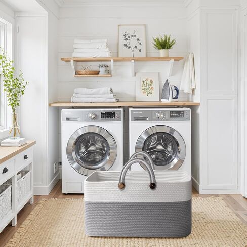 OIAHOMY 95L Large Blanket Basket, 24"x16"x15" Rectangle Woven Baskets For Storage, Nursery Blanket Storage Living Room, Toy Box With Long Handle-Gradient Brown With White in Kuwait