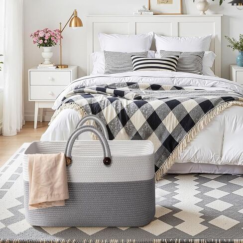 OIAHOMY 95L Large Blanket Basket, 24"x16"x15" Rectangle Woven Baskets For Storage, Nursery Blanket Storage Living Room, Toy Box With Long Handle-Gradient Brown With White in Kuwait