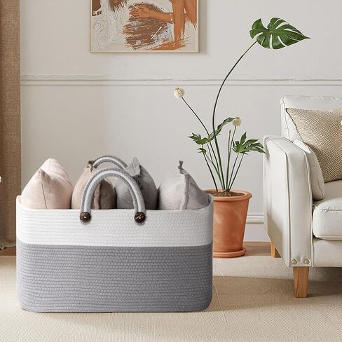 OIAHOMY 95L Large Blanket Basket, 24"x16"x15" Rectangle Woven Baskets For Storage, Nursery Blanket Storage Living Room, Toy Box With Long Handle-Gradient Brown With White in Kuwait