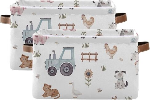 صناديق تخزين حيوانات مزرعة لطيفة سلة تخزين قابلة للطي مع إطار معدني ، أرفف القماش سلال خزانة مع مقابض ، 2 عبوات in Kuwait