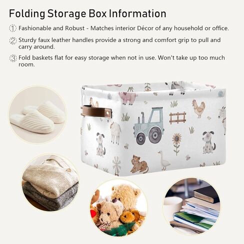 صناديق تخزين حيوانات مزرعة لطيفة سلة تخزين قابلة للطي مع إطار معدني ، أرفف القماش سلال خزانة مع مقابض ، 2 عبوات in Kuwait