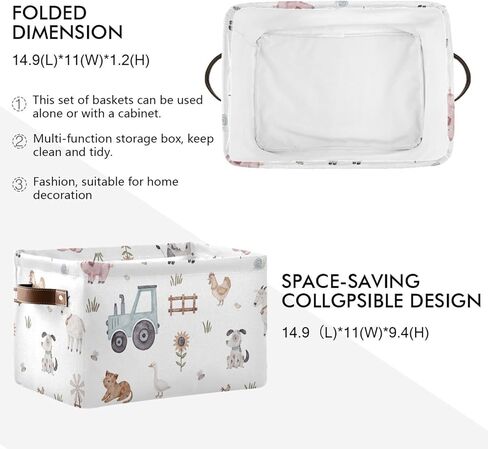 صناديق تخزين حيوانات مزرعة لطيفة سلة تخزين قابلة للطي مع إطار معدني ، أرفف القماش سلال خزانة مع مقابض ، 2 عبوات in Kuwait