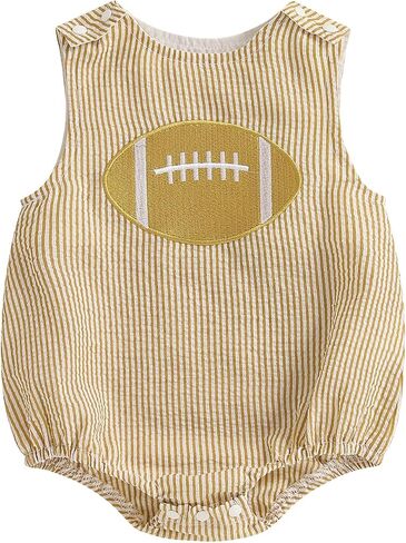 Newborn Baby Boy Football Outfit Rugby Embroidery Sleeveless Bubble Romper Seersucker Stripe Bodysuit Summer Clothes in Saudi Arabia
