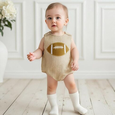 Newborn Baby Boy Football Outfit Rugby Embroidery Sleeveless Bubble Romper Seersucker Stripe Bodysuit Summer Clothes in Saudi Arabia
