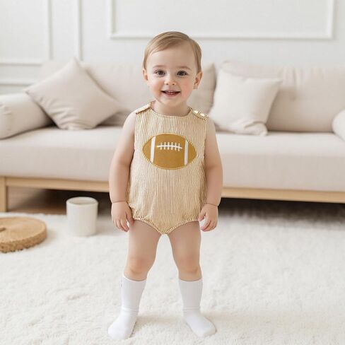 Newborn Baby Boy Football Outfit Rugby Embroidery Sleeveless Bubble Romper Seersucker Stripe Bodysuit Summer Clothes in Saudi Arabia