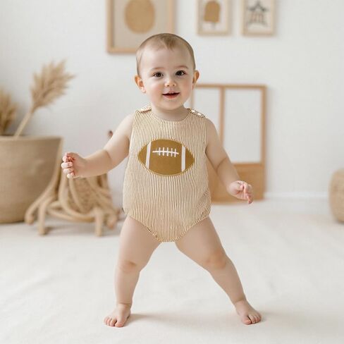 Newborn Baby Boy Football Outfit Rugby Embroidery Sleeveless Bubble Romper Seersucker Stripe Bodysuit Summer Clothes in Saudi Arabia