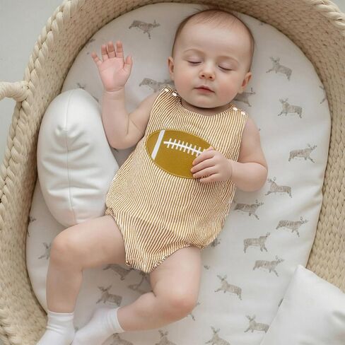 Newborn Baby Boy Football Outfit Rugby Embroidery Sleeveless Bubble Romper Seersucker Stripe Bodysuit Summer Clothes in Saudi Arabia