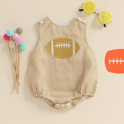 Newborn Baby Boy Football Outfit Rugby Embroidery Sleeveless Bubble Romper Seersucker Stripe Bodysuit Summer Clothes in Saudi Arabia