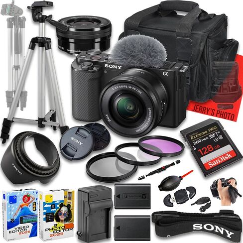 كاميرا Sony ZV-E10 بدون مرآة مع E PZ 16-50 مم F/3.5-5.6 OSS LENS + 128 GB ذاكرة + بطارية إضافية + حالة الكاميرا + ترايبود + المزيد (حزمة 22pc) in Saudi Arabia