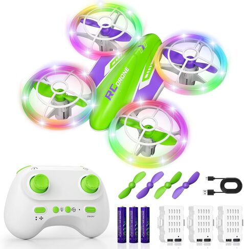 LED RC Drone for Kids 6+, Christmas Birthday Gift for Boys & Girls with Remote Batteries, 360° Flips, 3 Speed Modes, 45 Min Flight Indoor and Outdoor Flying Toy - Green Purple in Kuwait