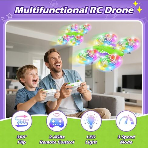 LED RC Drone for Kids 6+, Christmas Birthday Gift for Boys & Girls with Remote Batteries, 360° Flips, 3 Speed Modes, 45 Min Flight Indoor and Outdoor Flying Toy - Green Purple in Kuwait