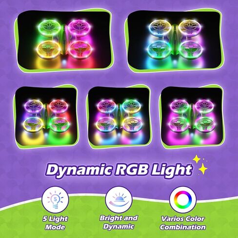 LED RC Drone for Kids 6+, Christmas Birthday Gift for Boys & Girls with Remote Batteries, 360° Flips, 3 Speed Modes, 45 Min Flight Indoor and Outdoor Flying Toy - Green Purple in Kuwait