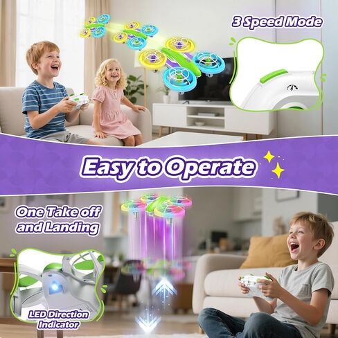 LED RC Drone for Kids 6+, Christmas Birthday Gift for Boys & Girls with Remote Batteries, 360° Flips, 3 Speed Modes, 45 Min Flight Indoor and Outdoor Flying Toy - Green Purple in Kuwait