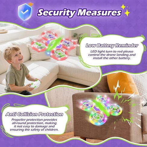 LED RC Drone for Kids 6+, Christmas Birthday Gift for Boys & Girls with Remote Batteries, 360° Flips, 3 Speed Modes, 45 Min Flight Indoor and Outdoor Flying Toy - Green Purple in Kuwait