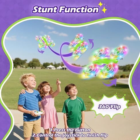 LED RC Drone for Kids 6+, Christmas Birthday Gift for Boys & Girls with Remote Batteries, 360° Flips, 3 Speed Modes, 45 Min Flight Indoor and Outdoor Flying Toy - Green Purple in Kuwait