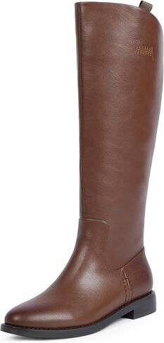 Modatope Knee High Boots Women Rounded Toe Flat Retro Bais Opening Low Chunky Heel Riding Boots in Saudi Arabia