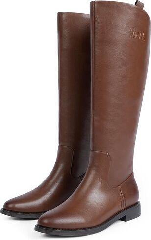 Modatope Knee High Boots Women Rounded Toe Flat Retro Bais Opening Low Chunky Heel Riding Boots in Saudi Arabia
