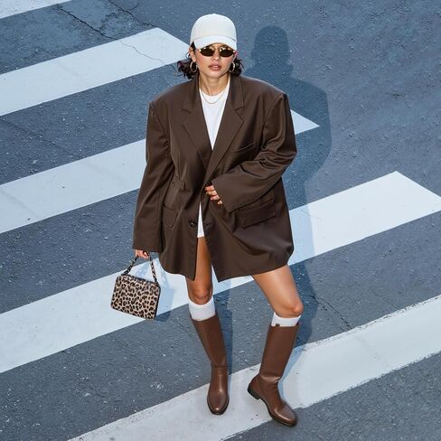 Modatope Knee High Boots Women Rounded Toe Flat Retro Bais Opening Low Chunky Heel Riding Boots in Saudi Arabia