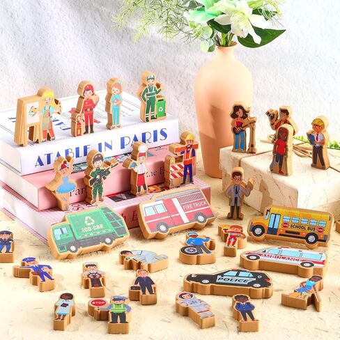Blosssound 40 PCS مساعدين المجتمع الخشبي ألعاب السيارات الخشبية وضعت صغيرة من الخشب شخصيات شخصيات متعددة الثقافات كتل الخشب in Saudi Arabia