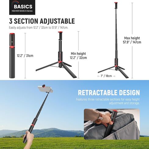 NEEWER Basics PA991 Selfie Stick Tripod Compatible with iPhone Samsung Android, 57.9 Inch Metal Portable Lightweight Travel Mobile Phone Stand with Holder & Remote Control for Video Recording in Saudi Arabia