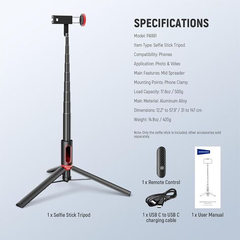 NEEWER Basics PA991 Selfie Stick Tripod Compatible with iPhone Samsung Android, 57.9 Inch Metal Portable Lightweight Travel Mobile Phone Stand with Holder & Remote Control for Video Recording in Saudi Arabia
