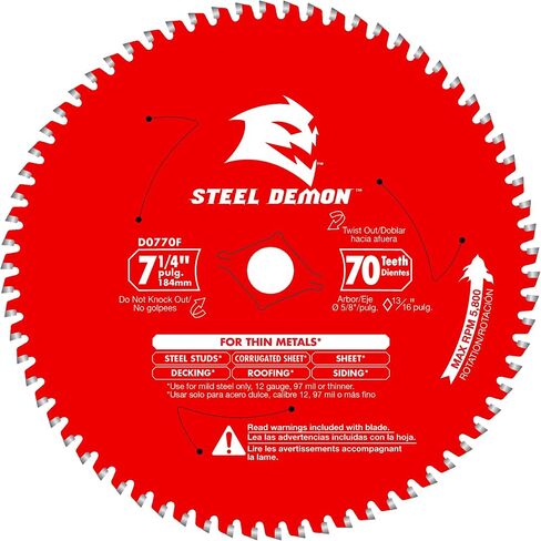 Diablo Steel Demon Carbide -carbide -bade for Thin Metal - مثالي للتسقف ، والانحياز ، والتزيين ، والعمل المعدني - قطره 7-1/4 بوصات ، 70 TCG ، 5،800 كحد أقصى دورة في الدقيقة - D0770F in Saudi Arabia