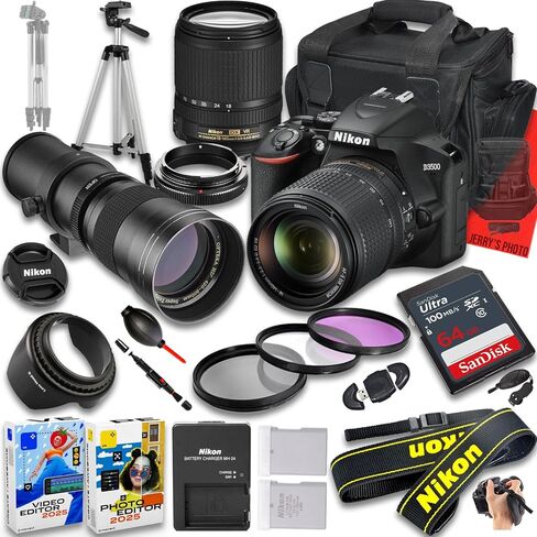Nikon D3500 DSLR Camera with AF-S DX NIKKOR 18-140mm f/3.5-5.6G ED VR and 420-800mm f/8 Super HD Telephoto Lens + 64 GB Memory + Extra Battery + Camera Case + More (22pc Bundle) in Saudi Arabia