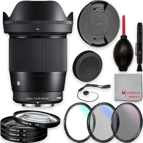 Sigma 16mm F1.4 المعاصرة DC DN لعدسة Sony E-Mount مع علبة العدسة الخاصة بـ STINAT و CLOT-UP ، وغطاء الغطاء وحزمة الملحقات الفاخرة in Saudi Arabia