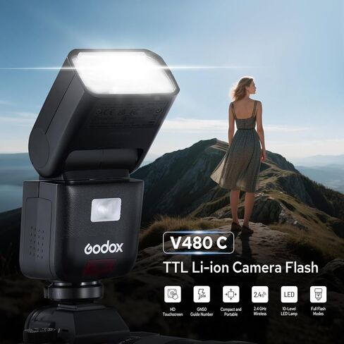 Godox V480-C Flash for Canon, 650 Full-Power TTL Camera Flash Flexible Bounce Head 10-Level Modeling Lamp GN50 1/8000 HSS Mini Flash Smart Distance Readout Speedlight with Touchscreen (V480 Canon) in Saudi Arabia